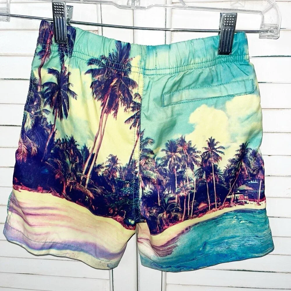 Boys Swim Trunks Blue Palm Trees Tropical Size 8
